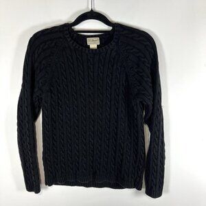 Women’s LL Bean Cable Knit Black Long Sleeve Sweater 100% Cotton Classic Large